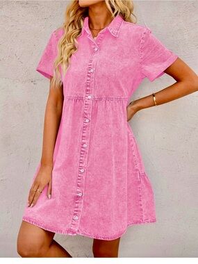 NWOT- Women’s Casual Short Sleeve Pink Tiered Denim Babydoll Dress- Medium